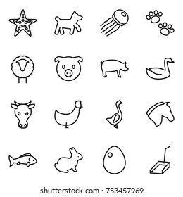 thin line icon set : starfish, dog, jellyfish, pets, sheep, pig, goose, cow, chicken, horse, fish, rabbit, egg, scoop