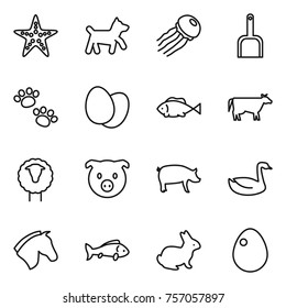 Thin line icon set : starfish, dog, jellyfish, scoop, pets, eggs, fish, cow, sheep, pig, goose, horse, rabbit, egg