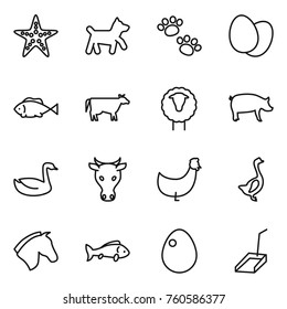 Thin line icon set : starfish, dog, pets, eggs, fish, cow, sheep, pig, goose, chicken, horse, egg, scoop