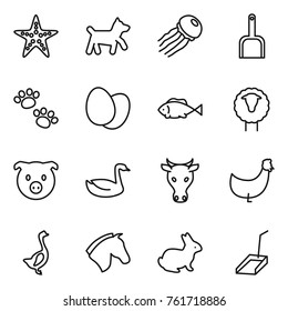Thin line icon set : starfish, dog, jellyfish, scoop, pets, eggs, fish, sheep, pig, goose, cow, chicken, horse, rabbit