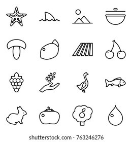 Thin line icon set : starfish, shark flipper, landscape, cauldron, mushroom, lemon, field, cherry, grape, harvest, goose, fish, rabbit, tomato, garden, drop