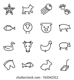 Thin line icon set : starfish, dog, jellyfish, pets, fish, sheep, pig, goose, cow, chicken, horse, rabbit, scoop