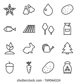 Thin line icon set : starfish, flippers, drop, potato, fish, field, trees, flour, sprouting, rabbit, watering can, spruce, acorn, carrot, fertilizer