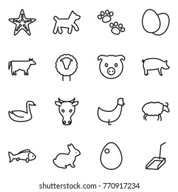 Thin line icon set : starfish, dog, pets, eggs, cow, sheep, pig, goose, chicken, fish, rabbit, egg, scoop