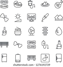 Thin Line Icon Set - statistic monitor vector, water drop, bench, dropper, broken bone, traffic light, low battery, themes, brightness, music, copier, fruit tree, serviette, salad, open close