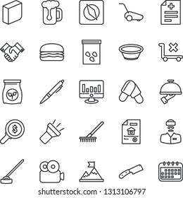 Thin Line Icon Set - statistic monitor vector, rake, lawn mower, hoe, seeds, fertilizer, diagnosis, pills, doctor, no trolley, torch, compass, video, blank box, handshake, pen, estate document, beer