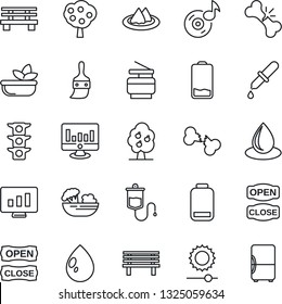 Thin Line Icon Set - statistic monitor vector, water drop, bench, dropper, broken bone, traffic light, low battery, themes, brightness, music, copier, fruit tree, serviette, salad, open close