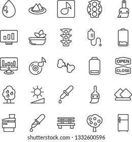 Thin Line Icon Set - statistic monitor vector, water drop, bench, dropper, broken bone, traffic light, low battery, themes, brightness, music, copier, fruit tree, serviette, salad, open close