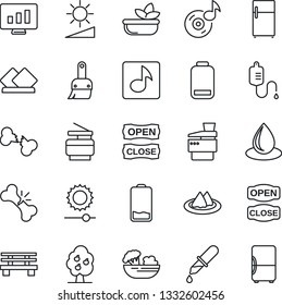 Thin Line Icon Set - statistic monitor vector, water drop, bench, dropper, broken bone, low battery, themes, brightness, music, copier, fruit tree, serviette, salad, open close, fridge