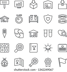 Thin Line Icon Set - statistic monitor vector, lady bug, plant label, blood test vial, heart diagnostic, shield, medical calendar, warehouse, package, search cargo, application, sertificate, flag