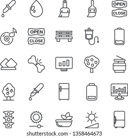 Thin Line Icon Set - statistic monitor vector, water drop, bench, dropper, broken bone, traffic light, low battery, themes, brightness, music, copier, fruit tree, salad, open close, serviette