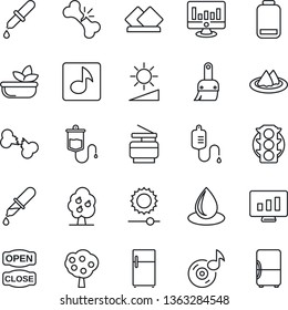Thin Line Icon Set - statistic monitor vector, water drop, dropper, broken bone, traffic light, low battery, themes, brightness, music, copier, fruit tree, serviette, salad, open close, fridge