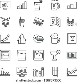 Thin Line Icon Set - statistic monitor vector, barcode, equalizer, scanner, bar graph, alcohol, wine card, drink, cocktail, phyto, beer, salad, sushi, arrow up, growth