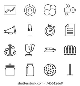 thin line icon set : statistics, around gear, atom core, satellite, loudspeaker, lipstick, stopwatch, document, anchor, broken, yacht, fence, pan, bank, cookies, rake
