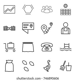 thin line icon set : statistics, hex molecule, group, sun power, school, location details, route, workman, baggage trolley, curtain, phone, pool, flour, seeds, goose, bucket and broom