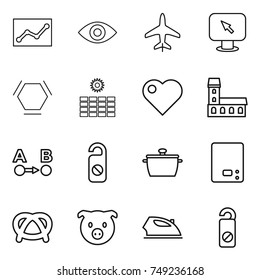 thin line icon set : statistics, eye, plane, monitor arrow, hex molecule, sun power, heart, mansion, route a to b, do not distrub, pan, kitchen scales, pretzel, pig, iron