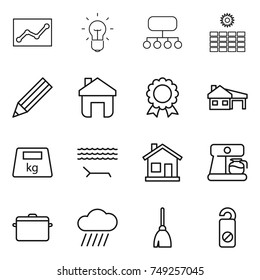 thin line icon set : statistics, bulb, structure, sun power, pencil, home, medal, house with garage, heavy, lounger, coffee maker, pan, rain cloud, broom, do not distrub