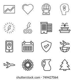 thin line icon set : statistics, heart, notebook globe, bulb head, lightning, infinity power, houses, fountain, mobile location, calendar, protected, plane shipping, flower, jug, spruce
