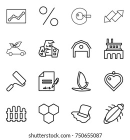 thin line icon set : statistics, percent, cell corection, up down arrow, eco car, modern architecture, barn, factory, repair, inventory, windsurfing, heart pendant, fence, honeycombs, floor washing