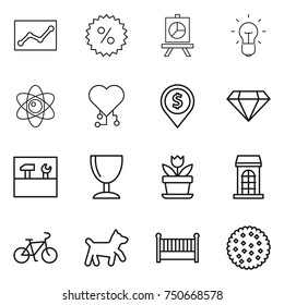 thin line icon set : statistics, percent, presentation, bulb, atom, cardio chip, dollar pin, diamond, tools, wineglass, flower, building, bike, dog, crib, cookies
