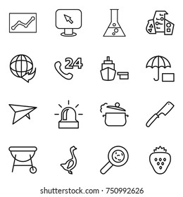 thin line icon set : statistics, monitor arrow, flask, modern architecture, delivery, phone 24, port, insurance, deltaplane, alarm, steam pan, chef knife, bbq, goose, viruses, strawberry