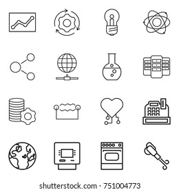 thin line icon set : statistics, around gear, bulb, atom, molecule, globe connect, round flask, server, virtual mining, electrostatic, cardio chip, cashbox, atm, oven, blower