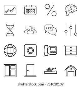 thin line icon set : statistics, calendar, percent, brain, dna, group, discussion, equalizer, globe, ring button, intercom, chest of drawers, window, door, soil cutter, barn