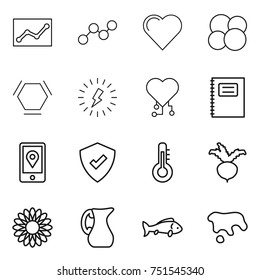 thin line icon set : statistics, graph, heart, atom core, hex molecule, lightning, cardio chip, copybook, mobile location, protected, thermometer, beet, flower, jug, fish, spot