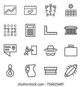 thin line icon set : statistics, calendar, alarm clock, sun power, chip, calculator, ruler, airport building, location details, courier delivery, confidential, suitcase, thermometer, jug, sponge