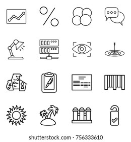 Thin line icon set : statistics, percent, atom core, discussion, table lamp, server, eye identity, target, modern architecture, clipboard pen, invoice, bar code, sun, island, grain elevator