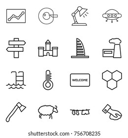thin line icon set : statistics, cell corection, table lamp, ufo, singlepost, castle, skyscraper, factory, pool, thermometer, welcome mat, honeycombs, axe, sheep, drying clothe, wiping
