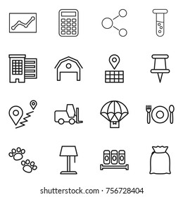 thin line icon set : statistics, calculator, molecule, vial, houses, barn, map, pin, route, fork loader, parachute delivery, cafe, pets, floor lamp, spices, flour