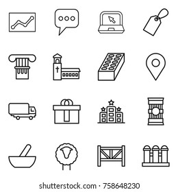 Thin line icon set : statistics, message, notebook, label, column, church, brick, geo pin, shipping, hi quality package, hotel, pasta, mortar, sheep, farm fence, grain elevator