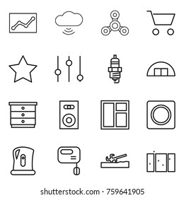 Thin line icon set : statistics, cloud wireless, spinner, cart, star, equalizer, spark plug, hangare, chest of drawers, speaker, window, ring button, kettle, mixer, soil cutter, clean