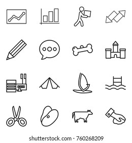 Thin line icon set : statistics, graph, courier, up down arrow, pencil, balloon, bone, castle, mall, tent, windsurfing, pool, scissors, beans, cow, wiping