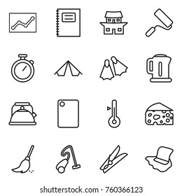 Thin line icon set : statistics, copybook, japanese house, repair, stopwatch, tent, flippers, kettle, cutting board, thermometer, cheese, broom, vacuum cleaner, clothespin, floor washing