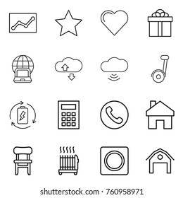 Thin line icon set : statistics, star, heart, gift, notebook globe, cloude service, cloud wireless, battery charge, calculator, phone, home, chair, radiator, ring button, barn