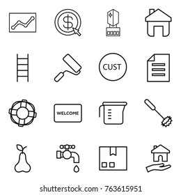Thin line icon set : statistics, dollar arrow, crystall memory, home, stairs, repair, customs, document, lifebuoy, welcome mat, measuring cup, whisk, pear, water tap, package, housing