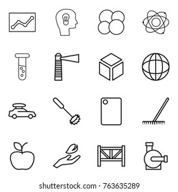 Thin line icon set : statistics, bulb head, atom core, vial, lighthouse, 3d, globe, car baggage, whisk, cutting board, rake, apple, hand leaf, farm fence, water pump