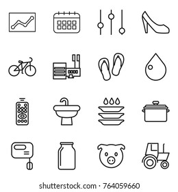 Thin line icon set : statistics, calendar, equalizer, shoes, bike, mall, flip flops, drop, remote control, sink, plate washing, pan, mixer, bank, pig, tractor