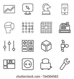 Thin line icon set : statistics, monitor arrow, chess horse, phone wireless, virtual mask, chip, cpu, cashbox, equalizer, calculator, 3d, satellite, consolidated cargo, power socket, toaster, wrench