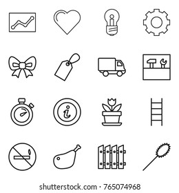 Thin line icon set : statistics, heart, bulb, gear, bow, label, delivery, tools, stopwatch, info, flower, stairs, no smoking, chicken leg, fence, duster