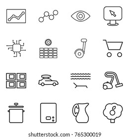 Thin line icon set : statistics, graph, eye, monitor arrow, chip, sun power, cart, panel house, car baggage, lounger, vacuum cleaner, pan, kitchen scales, jug, garden