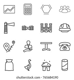 Thin line icon set : statistics, calculator, hex molecule, group, lighthouse, school, palace, building helmet, route, client, table, phone, flour, goose, house cleaning, cleanser powder