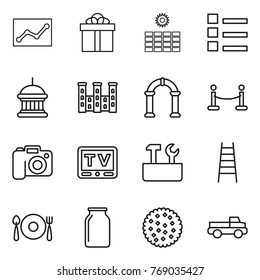 Thin line icon set : statistics, gift, sun power, list, goverment house, palace, arch, vip fence, camera, tv, repair tools, stairs, fork spoon plate, bank, cookies, pickup