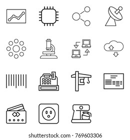 Thin line icon set : statistics, chip, molecule, satellite antenna, round around, microscope, notebook connect, cloude service, bar code, cashbox, tower crane, invoice, credit card, power socket