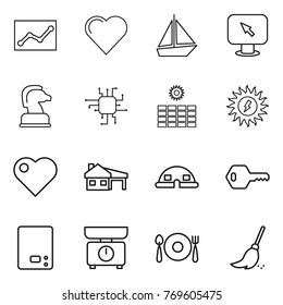 Thin line icon set : statistics, heart, boat, monitor arrow, chess horse, chip, sun power, house with garage, dome, key, kitchen scales, fork spoon plate, broom