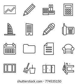 Thin line icon set : statistics, pencil, store, calculator, skyscraper, phone, calendar, documents, document, armchair, window, bucket and broom, clean, skyscrapers cleaning