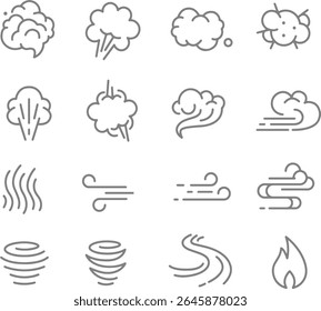 Thin line icon set of steam smoke and explosion cloud wind fire air. Pixel perfect icons, editable stroke.