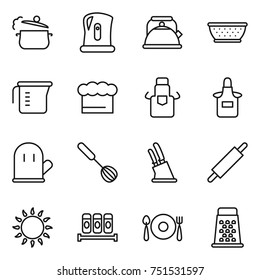 thin line icon set : steam pan, kettle, colander, measuring cup, chief hat, apron, cook glove, whisk, knife holder, rolling pin, gas oven, spices, fork spoon plate, grater